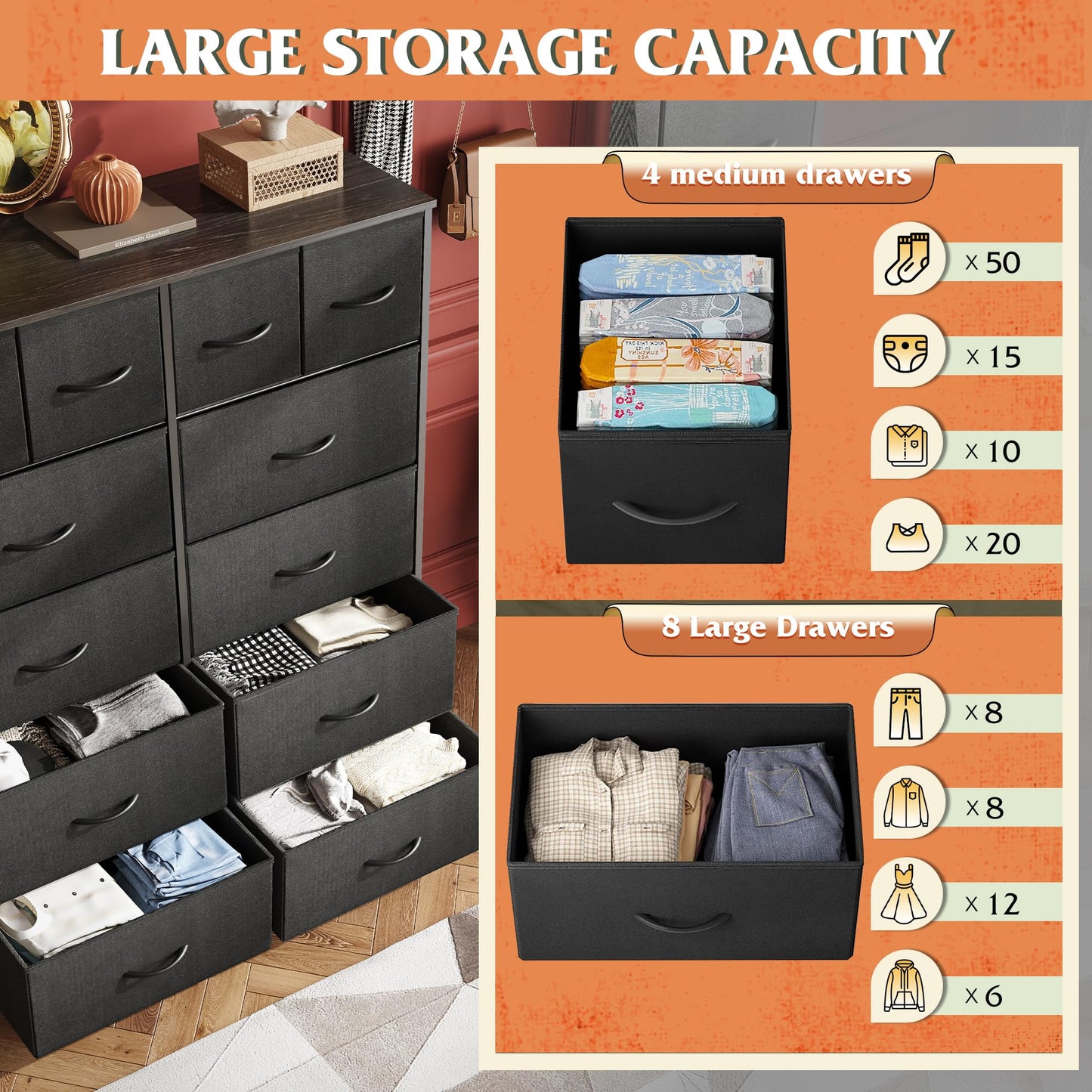 WLIVE Tall Dresser for Bedroom with 12 Drawers, Dressers & Chests of Drawers, Fabric Dressers for Closet, Storage Dresser Organizer with Steel Frame, Wood Top, Rustic Brown Wood Grain Print