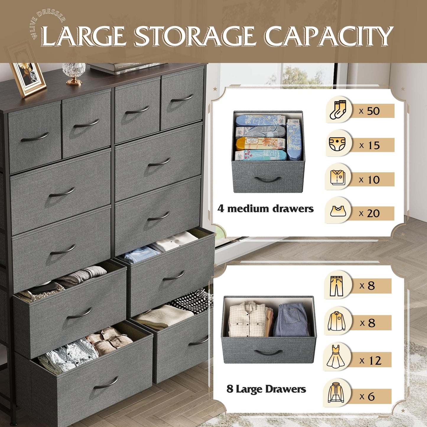 WLIVE Tall Dresser for Bedroom with 12 Drawers, Dressers & Chests of Drawers, Fabric Dressers for Closet, Storage Dresser Organizer with Steel Frame, Wood Top, Rustic Brown Wood Grain Print