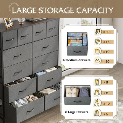 WLIVE Tall Dresser for Bedroom with 12 Drawers, Dressers & Chests of Drawers, Fabric Dressers for Closet, Storage Dresser Organizer with Steel Frame, Wood Top, Rustic Brown Wood Grain Print